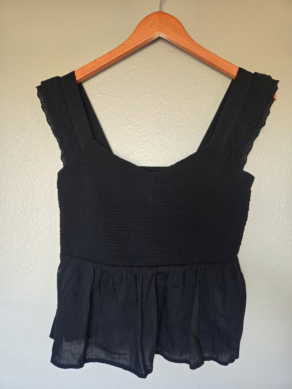Black Smocked, Boho Tank Top With Delicate Lace/crochet Details, Capsule, Chic